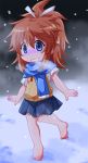  1girl blue_eyes blush blush_stickers frozen grin koshigaya_natsumi long_hair lowres no_footwear non_non_biyori redhead scarf school_uniform sisinonmkii snow solo teeth winter 