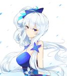  1girl azur_lane bangs bare_shoulders blue_background blue_bow blue_dress blue_eyes blush bow breasts closed_mouth commentary_request criss-cross_halter dress eyebrows_visible_through_hair from_side gradient gradient_background hair_between_eyes hair_bow hair_rings halterneck illustrious_(azur_lane) large_breasts long_hair looking_at_viewer low_twintails mole mole_under_eye silver_hair smile solo tp_(kido_94) twintails very_long_hair white_background 