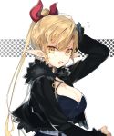  1girl arm_up bangs belphe_gor_bacchus blonde_hair breasts cleavage cropped_jacket from_side fur_trim hair_ornament jacket kasuka_(kusuki) large_breasts looking_at_viewer open_clothes open_jacket open_mouth original pointy_ears ponytail solo sweatdrop upper_body yellow_eyes 