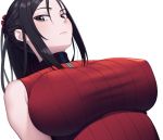  1girl amase_(yagami666) black_eyes black_hair breasts dutch_angle erect_nipples expressionless from_below kai_schren large_breasts lips long_hair looking_at_viewer ponytail portrait ribbed_sweater scrunchie senjou_no_valkyria_4 simple_background sleeveless solo sweater turtleneck white_background 