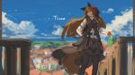  1girl animal_ears apple black_legwear black_skirt blue_sky character_name closed_mouth food fruit holding lansane long_sleeves orange_eyes original outdoors pantyhose railing shirt sketch skirt sky smile solo standing tail tsana_(lansane) vest white_shirt wolf_ears wolf_tail 