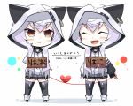  2girls :d ^_^ animal_ears animal_hood artist_name azuma_lim azuma_lim_channel bangs black_legwear black_skirt blush_stickers cat_ears cat_hood chibi closed_eyes closed_mouth dual_persona ear_piercing eyebrows_visible_through_hair hair_between_eyes heart hood hood_up long_hair long_sleeves looking_at_another looking_to_the_side mars_symbol multiple_girls no_shoes open_mouth piercing pleated_skirt puffy_long_sleeves puffy_sleeves red_string sign sign_around_neck silver_hair skirt sleeves_past_wrists smile sparkle stirrup_legwear string tanyatonya thigh-highs venus_symbol very_long_hair virtual_youtuber white_background white_hoodie 