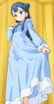  1girl blue_dress blue_eyes blue_hair closed_mouth dress hair_bun haruyama_kazunori hugtto!_precure long_hair looking_down precure smile solo standing yakushiji_saaya 