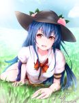  1girl :d baileys_(tranquillity650) black_hat blouse blue_hair blue_skirt blue_sky bow bowtie food fruit grass hat highres hinanawi_tenshi long_hair looking_at_viewer lying on_stomach open_mouth outdoors peach puffy_short_sleeves puffy_sleeves red_bow red_eyes red_neckwear shirt short_sleeves signature skirt sky smile solo touhou white_shirt 