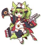  1girl :d animal_ears azur_lane bangs bell black_capelet black_hairband black_legwear black_ribbon blush capelet dress eyebrows eyebrows_visible_through_hair fan fang folding_fan fox_ears fox_tail full_body green_eyes green_hair hair_bell hair_between_eyes hair_ornament hair_ribbon hairband holding holding_fan isokaze_(azur_lane) jingle_bell leg_up long_hair long_sleeves looking_at_viewer machinery naga_u no_nose object_on_head open_mouth outstretched_arm paw_print ribbon short_dress silhouette simple_background smile solo tabi tail tassel thick_eyebrows thigh-highs torpedo turret v-shaped_eyebrows white_background white_dress wide_sleeves x_x zettai_ryouiki 