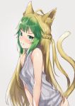 1girl ahoge alternate_costume animal_ear_fluff animal_ears atalanta_(fate) blonde_hair blush breasts cat_ears fate/apocrypha fate/grand_order fate_(series) from_side green_eyes green_hair highres looking_at_viewer meme_attire multicolored_hair no_bra no_panties sidelocks solo tail tanaka_arumi type-moon virgin_killer_sweater