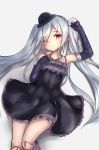  1girl arm_up armpits bangs bare_shoulders black_dress black_gloves black_hat bowler_hat doll_joints dress elbow_gloves eyebrows_visible_through_hair feet_out_of_frame frilled_dress frills gloves granblue_fantasy grey_background grey_hair hand_on_own_chest hat head_tilt highres jewelry knee_up kure_(kure_ng) long_hair looking_at_viewer lying mini_hat necklace on_back orchis parted_bangs red_eyes shiny shiny_hair simple_background sleeveless sleeveless_dress solo twintails very_long_hair 
