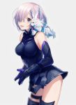  1girl :d armored_leotard asuda bangs bare_shoulders black_gloves black_leotard blush breasts cowboy_shot creature elbow_gloves eyebrows_visible_through_hair fate/grand_order fate_(series) fou_(fate/grand_order) gloves grey_background hair_over_one_eye large_breasts leotard looking_at_viewer mash_kyrielight on_shoulder open_mouth own_hands_together pink_hair simple_background smile violet_eyes 