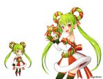  1girl :d aki_no_jikan arms_at_sides bare_shoulders bell bow earrings elf green_hair green_legwear hair_rings jewelry long_hair looking_at_viewer maru-kichi multiple_views official_art open_mouth pointy_ears red_bow red_eyes skirt smile standing striped striped_bow striped_skirt thigh-highs twintails watermark wreath 