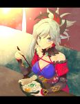  blue_eyes blush bowl breasts chopsticks cleavage eating fate/grand_order fate_(series) food looking_at_viewer mgk968 miyamoto_musashi_(fate/grand_order) sitting 