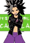  1girl absurdres black_gloves black_hair caulifla commission crossed_arms dragon_ball dragon_ball_super english eudetenis fingerless_gloves gloves highres jacket looking_at_viewer open_mouth solo spiky_hair 