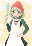  1girl apron bow cowboy_shot dress green_dress green_eyes green_hair hand_on_hip head_scarf highres holding holding_spoon long_sleeves open_mouth permanentlow red_scarf scarf short_hair soga_no_tojiko solo spoon touhou 