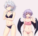  2girls adjusting_hair bare_arms bare_shoulders bat_wings black_bra black_panties blue_eyes bow bra braid breasts cleavage collarbone commentary_request cowboy_shot flat_chest gluteal_fold green_bow grey_background groin hair_between_eyes hair_bow hand_on_own_chin hand_up head_tilt izayoi_sakuya lavender_hair looking_at_viewer maid_headdress medium_breasts miyo_(ranthath) multiple_girls navel no_hat no_headwear panties parted_lips pink_bra pink_panties profile red_bow red_eyes remilia_scarlet short_hair side-tie_panties silver_hair simple_background standing stomach touhou twin_braids underwear underwear_only wings 