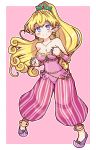  1girl absurdres anklet bare_shoulders blonde_hair blush bracer brass_knuckles breasts cleavage dual_wielding earrings eruru_(erl) full_body harem_pants highres holding holding_weapon hoop_earrings jewelry long_hair medium_breasts pants pointy_ears pointy_shoes polka_dot polka_dot_background ponytail primm seiken_densetsu seiken_densetsu_2 shoes smile solo striped vertical_stripes weapon 