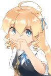  +_+ 1girl ahoge blonde_hair blue_eyes blue_ribbon breasts collared_shirt eyebrows_visible_through_hair hair_ribbon honey long_hair looking_at_viewer medium_breasts monosenbei original ribbon ringlets shirt solo upper_body 