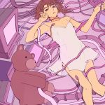  1girl armpits bare_shoulders cable computer dress highres iwakura_lain looking_at_viewer lying monitor on_back purple serial_experiments_lain short_hair strap_slip stuffed_animal stuffed_toy teddy_bear vacuumchan white_dress 