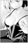  1girl breasts camisole cleavage commentary_request greyscale hair_between_eyes hair_ribbon hand_on_own_chest highres looking_at_viewer monochrome nande_koko_ni_sensei_ga!? no_bra open_mouth original pantyhose ribbon soborou solo spaghetti_strap upper_body 