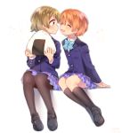 2girls black_legwear blue_skirt blush brown_hair closed_eyes closed_mouth facing_another food hoshizora_rin kneehighs koizumi_hanayo komachi_pochi love_live! love_live!_school_idol_project multiple_girls onigiri open_mouth orange_hair pantyhose short_hair skirt smile violet_eyes yuri