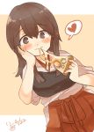  1girl akagi_(kantai_collection) blush brown_eyes brown_hair dated dutch_angle eating eyebrows_visible_through_hair food hakama_skirt hand_on_own_cheek heart holding holding_food ina_(1813576) japanese_clothes kantai_collection long_hair looking_at_viewer muneate pizza red_skirt signature skirt solo straight_hair 