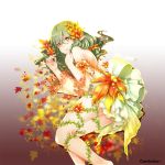  1girl back bare_shoulders barefoot breasts detached_sleeves flower green_hair hair_flower hair_ornament himekiss leaf long_hair looking_at_viewer lying maru-kichi official_art on_side orange_eyes pointy_ears small_breasts solo 