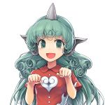  1girl :d bangs bent_elbows breasts buttons collared_shirt commentary_request curly_hair ears ebizome eyebrows_visible_through_hair eyelashes flame_print green_eyes green_hair heart heart_print highres horn kariyushi_shirt komano_aun light_blush looking_at_viewer open_mouth paw_pose red_shirt shirt short_sleeves simple_background small_breasts smile solo tareme touhou upper_body white_background 