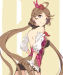  1girl akanebi backless_outfit black_skirt breasts brown_flower brown_hair detached_sleeves eyebrows_visible_through_hair floating_hair flower from_behind gloves granblue_fantasy grey_eyes hair_flower hair_ornament hat hat_ribbon head_tilt long_hair looking_at_viewer looking_back medium_breasts mini_hat miniskirt pencil_skirt red_hat red_ribbon ribbon sketch skirt smile solo standing striped striped_ribbon twintails very_long_hair white_gloves 