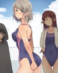  3girls adjusting_clothes adjusting_swimsuit ass bare_shoulders blue_eyes blue_hair blue_swimsuit blush breasts cloak closed_mouth commentary_request competition_swimsuit covered_navel from_behind grey_hair highres ind-kary long_hair looking_back love_live! love_live!_sunshine!! medium_breasts multiple_girls one-piece_swimsuit outdoors parted_lips redhead sakurauchi_riko shiny shiny_hair shiny_skin short_hair smile standing swimsuit towel tsushima_yoshiko violet_eyes watanabe_you wet yellow_eyes 