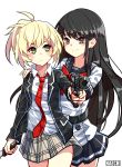  2girls absurdres black_hair blonde_hair blush gun hand_on_another&#039;s_shoulder highres holding holding_gun holding_knife holding_weapon honjo_yuri knife looking_at_another looking_at_viewer multiple_girls naechi_(rayichan) necktie nise_mayuko plaid plaid_skirt red_neckwear school_uniform skirt smile tenkuu_shinpan weapon 