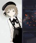  1girl animal asle beret black_bow black_hat black_ribbon black_skirt blush bow brown_eyes brown_hair closed_mouth collared_shirt commentary_request fish fish_tank flower hair_flower hair_ornament hair_rings hat hatoba_tsugu hatoba_tsugu_(character) leaning_to_the_side long_sleeves mole mole_under_eye ribbon rose shirt skirt smile solo suspender_skirt suspenders virtual_youtuber water white_flower white_rose white_shirt 