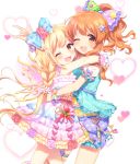  2girls alternate_hairstyle blonde_hair blush braid brown_eyes brown_hair eyebrows_visible_through_hair futaba_anzu highres idolmaster idolmaster_cinderella_girls idolmaster_cinderella_girls_starlight_stage komachi_pochi long_hair looking_at_viewer medium_hair moroboshi_kirari multiple_girls one_eye_closed open_mouth smile twin_braids very_long_hair 