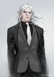  1boy arms_at_sides artist_name black_jacket black_shirt black_vest buttons closed_mouth collared_shirt dated elf formal gradient gradient_background grey_background grey_eyes grey_hair highres jacket jane_mere lips long_hair long_sleeves male_focus necktie open_clothes open_jacket original partially_unbuttoned pointy_ears shirt smile solo suit upper_body vest white_neckwear wing_collar 