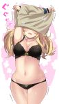  1girl armpits arms_up black_bra black_panties blonde_hair blush bra breasts cleavage collarbone commentary_request gambier_bay_(kantai_collection) gluteal_fold highres kantai_collection lace lace-trimmed_bra lace-trimmed_panties lingerie long_hair low_twintails medium_breasts motion_lines navel open_mouth panties solo standing stomach suzuki_toto sweatdrop thigh_gap thighs trembling twintails two-tone_background underwear undressing white_background 