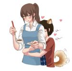  2girls animal_ears apron back_kiss black_hair blush brown_hair closed_eyes commentary_request cooking cropped_torso dog_ears dog_tail heart height_difference holding hug hug_from_behind kemonomimi_mode kiss komano_hina ladle long_hair multiple_girls okujou_no_yurirei-san open_mouth rin.hayashiki short_hair short_sleeves sleeves_rolled_up tail toomi_yuna white_background yuri 