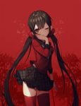  1girl bangs black_hair breasts contrapposto cowboy_shot dangan_ronpa eyebrows_visible_through_hair floral_background flower hair_ornament hand_on_own_face harukawa_maki long_hair long_sleeves looking_at_viewer low_twintails medium_breasts mole mole_under_eye new_dangan_ronpa_v3 one_eye_closed plaid plaid_skirt pleated_skirt raily red_background red_eyes red_legwear school_uniform serafuku shirt skirt solo spider_lily standing thigh-highs tsurime twintails very_long_hair zettai_ryouiki 