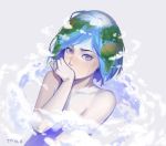  1girl artist_name bangs bare_shoulders blue_eyes blue_hair censored clouds collarbone covering_mouth crying crying_with_eyes_open earth earth-chan green_hair hand_mouth highres looking_at_viewer multicolored_hair original short_hair solo swept_bangs tears topless tpiola two-tone_hair 