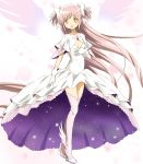  1girl absurdly_long_hair bangs bow brown_eyes choker cleavage_cutout dress foot_wings full_body gloves goddess_madoka hair_bow hand_on_own_chest high_heels highres kaname_madoka kinfuji leg_wings long_hair looking_at_viewer mahou_shoujo_madoka_magica pink_hair solo soul_gem spoilers standing star_(sky) thigh-highs two_side_up very_long_hair white_bow white_choker white_dress white_gloves wings 