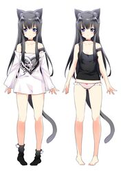  1girl animal_ears bangs bare_shoulders barefoot black_camisole black_hair black_legwear blue_eyes blush bow bow_panties camisole cat_ears cat_girl cat_tail collarbone eyebrows_visible_through_hair hair_between_eyes highres long_hair long_sleeves motohara_moka multiple_views off-shoulder_shirt original panties pigeon-toed pom_pom_(clothes) print_shirt red_collar shirt simple_background socks standing strap_slip striped striped_panties tail underwear very_long_hair white_background white_shirt 