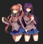  2girls :d black_background blue_skirt blush book brown_hair commentary cowboy_shot cropped_legs doki_doki_literature_club english_commentary eyebrows_visible_through_hair eyes_visible_through_hair green_eyes hair_ornament hair_ribbon hairclip long_hair long_sleeves looking_at_viewer monika_(doki_doki_literature_club) multiple_girls open_mouth ponytail purple_hair ribbon school_uniform simple_background skirt smile teru_(renkyu) twitter_username very_long_hair violet_eyes white_ribbon yuri_(doki_doki_literature_club) 