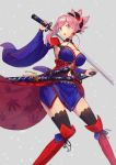  armpits blue_eyes breasts cleavage fate/grand_order fate_(series) highres holding holding_weapon looking_at_viewer miyamoto_musashi_(fate/grand_order) open_mouth over_shoulder ponytail simple_background sword sword_over_shoulder weapon weapon_over_shoulder 