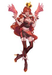  1girl absurdres alternate_costume black_choker black_legwear boots breasts choker crown detached_sleeves dual_wielding full_body garter_straps gun heart high_heel_boots high_heels highres holding holding_gun holding_weapon large_breasts league_of_legends lipstick long_hair makeup midriff nail_polish puffy_sleeves red_nails redhead ruan_chen_yue sarah_fortune solo striped striped_legwear thigh-highs very_long_hair violet_eyes weapon 