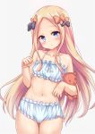  1girl abigail_williams_(fate/grand_order) aqua_eyes aqua_panties blonde_hair bow collarbone commentary_request fate/grand_order fate_(series) hair_bow hair_ribbon highres long_hair looking_at_viewer navel panties paw_pose ribbon shimokirin simple_background solo stuffed_animal stuffed_toy teddy_bear underwear white_background 