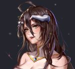  1girl :d ahoge albedo black_background black_hair breasts brown_eyes choker cleavage hair_between_eyes highres horns long_hair medium_breasts open_mouth overlord_(maruyama) pauld portrait simple_background smile solo sparkle strapless 