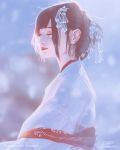  1girl black_hair blurry blurry_background closed_eyes closed_mouth dated hair_ornament highres japanese_clothes lips lipstick makeup original profile raikoart short_hair signature solo wind 