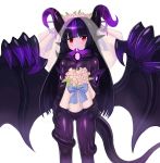  1girl absurdres bangs black_hair blunt_bangs blush bouquet bridal_veil commentary commission demon_girl english_commentary flower gluteal_fold highres horns long_hair looking_at_viewer monster_girl monster_girl_encyclopedia multicolored_hair night_gaunt_(monster_girl_encyclopedia) pointy_ears purple_hair red_eyes simple_background solo sookmo streaked_hair tail two-tone_hair veil white_background wings 