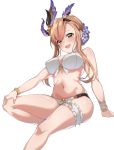  1girl bangs bare_shoulders bikini blush bracelet breasts brown_eyes brown_hair cleavage eyebrows_visible_through_hair flower granblue_fantasy hair_bun hair_flower hair_ornament hairband hand_on_own_knee head_wings highres hips jewelry large_breasts leg_garter long_hair looking_at_viewer navel open_mouth sidelocks simple_background sitting smile solo song_(granblue_fantasy) spicy_moo swimsuit thighs waist white_background white_bikini wristband 
