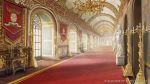 arch candle candlestand ceiling chandelier company_name fantasy granadia_saga hallway indoors light_rays no_humans official_art palace red_carpet scenery shiki_makoto statue sunbeam sunlight table tapestry tile_floor tiles urn vanishing_point watermark 