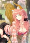  1girl all_fours animal_ears black_legwear blush bra breasts cleavage collarbone dated detached_sleeves fang fate/extra fate_(series) fox_ears fox_tail highres jewelry large_breasts long_hair looking_at_viewer nature necklace open_clothes open_shirt outdoors petals pink_bra pink_hair s.claw shirt solo striped striped_shirt tail tamamo_(fate)_(all) tamamo_no_mae_(fate) thigh-highs tree underwear yellow_eyes 