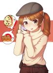  1girl alternate_hairstyle artist_name bag belt blush brown_eyes brown_hair brown_hat eyebrows_visible_through_hair food handbag hat highres jacy kantai_collection long_sleeves looking_at_viewer medium_hair open_mouth pizza ryuujou_(kantai_collection) smile solo speech_bubble sweater twintails 