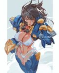  1girl adapted_costume bikini black_hair braid breasts brown_eyes cleavage commentary dark_skin english_commentary eye_of_horus facial_tattoo front-tie_bikini front-tie_top hair_tubes hand_in_hair headwear_removed helmet helmet_removed jet_kimchrea large_breasts navel overwatch pauldrons pharah_(overwatch) power_armor side-tie_bikini solo stomach swimsuit swimsuit_under_clothes tattoo white_bikini wind 