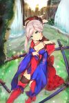 blue_eyes fate/grand_order fate_(series) highres looking_at_viewer miyamoto_musashi_(fate/grand_order) mosta_(lo1777789) ponytail sitting smile sword tree water waterfall weapon 